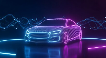 Neon lit car in a futuristic setting with glowing lines and dark background