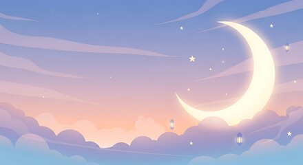 Crescent Moon in Cloudy Sky at Dusk.