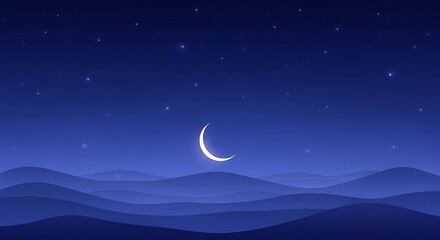 Crescent Moon Over Mountains Night Sky.