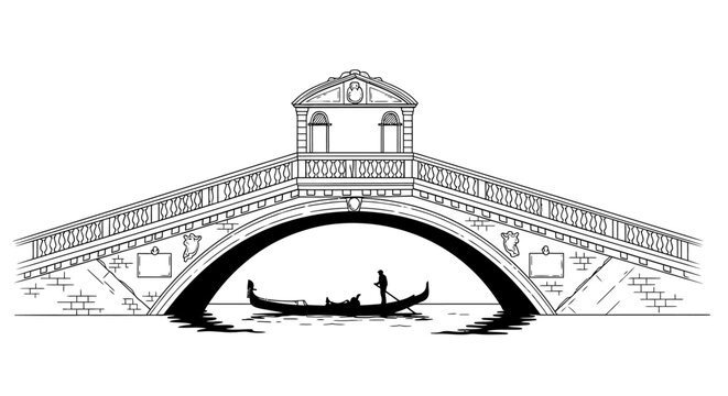 A classic hand-drawn illustration captures the timeless beauty of Venice, showcasing a traditional gondola gracefully passing under the iconic Rialto Bridge.