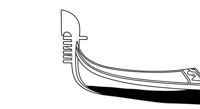 A clean black and white line art illustration of the ferro di prua, the iron prow of a Venetian gondola, symbolizing Italian heritage and romantic travel.