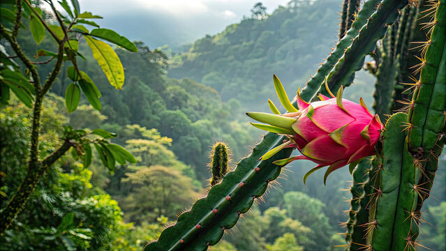 Bright pink fruit on climbing cactus, green rainforest background, natural tropical light