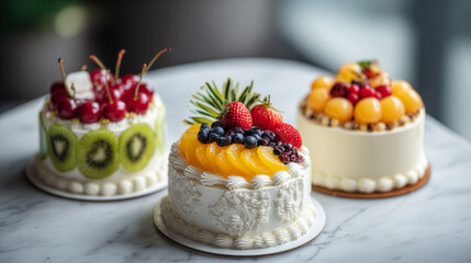 Elegant, decorated cakes with various fruit on top, delicious cakes on a marble surface