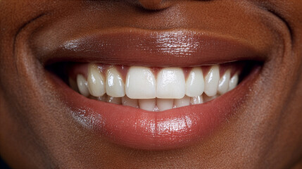 Radiant mouth only of an Africam-American woman, beautiful smile, highlighting shiny white teeth and bright lips