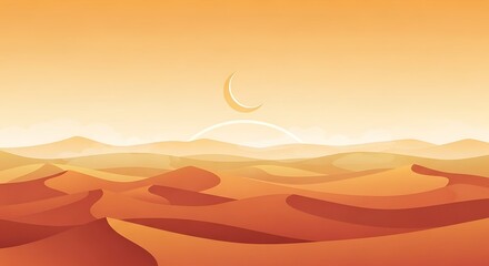 Desert Landscape with Crescent Moon Sunset.