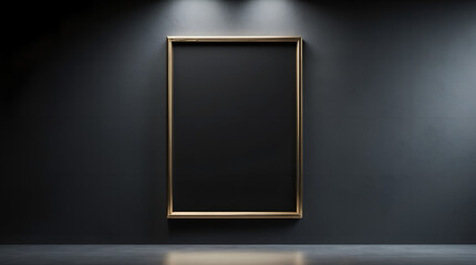 Empty gold metal picture frame on dark black wall, art gallery mockup background with copy space