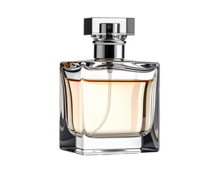 Elegant glass perfume bottle with golden liquid and metallic cap