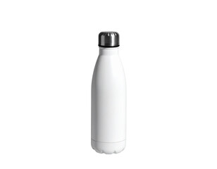 Sleek, white, insulated water bottle with a silver cap on a black background