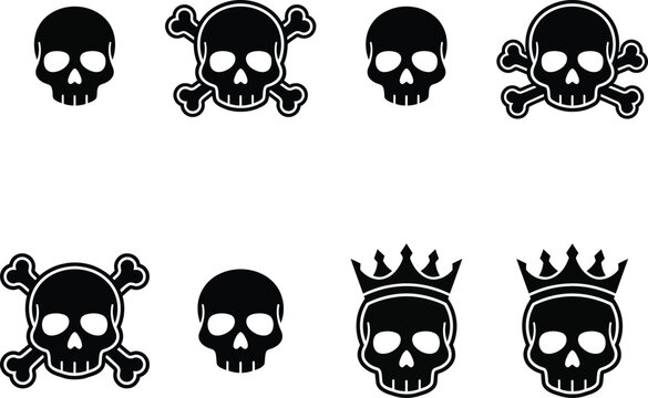 Skull and crossbones with crown silhouette icon set vector illustration