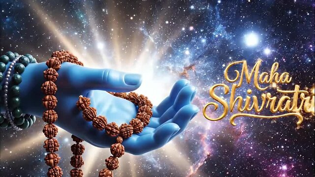 Maha Shivratri celebration with blue hand holding rudraksha beads against galaxy background.