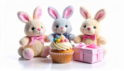 Obraz premium Three adorable easter bunny soft toys with cupcake and gift box isolated on transparent background