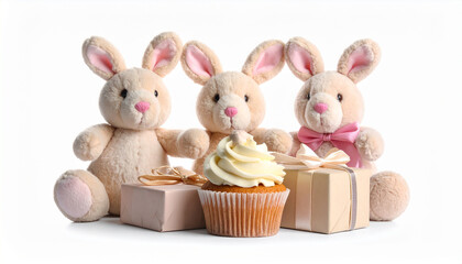 Obraz premium Three cute beige easter bunnies with pink noses and bows sitting behind gift boxes and a cupcake with whipped cream