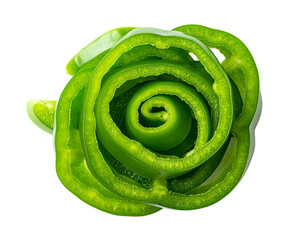 Sliced green bell pepper arranged in a spiral rosette pattern