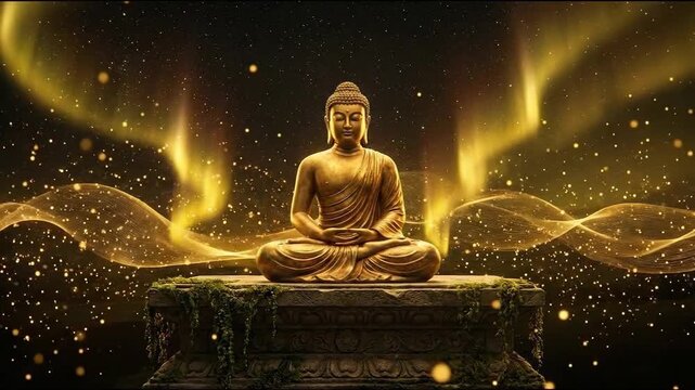 Golden mahavira statue meditating, illuminated by divine light waves in a stylized render for janma kalyanak.