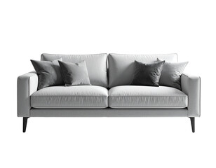 Modern, minimalist white sofa with plush gray cushions, on dark legs