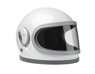 Sleek, white, full-face protective headgear with a clear visor