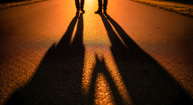 Two people's silhouettes and long shadows walking on asphalt roa