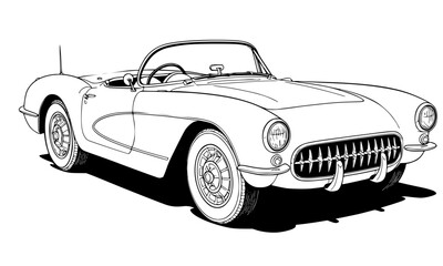 Vintage American Convertible 1950s Classic Sports Car Line Art Illustration