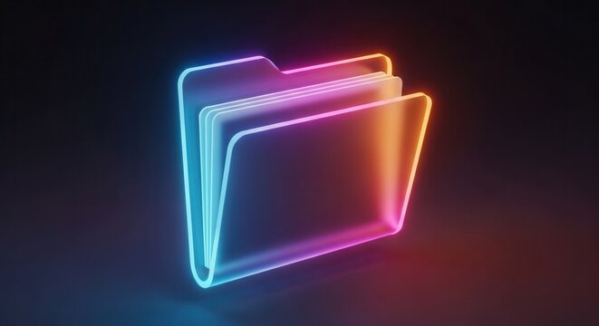 Vibrant neon illuminated digital folder icon representing secure data storage on a dark background