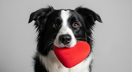 Fototapeta premium Black and white dog holding red heart shaped toy in mouth cute animal with brown eyes and floppy ears on gray background