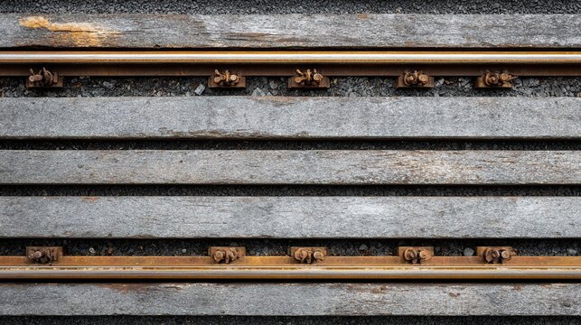 sleepers. Top-down view of parallel railway tracks and wooden sleepers creating geometric lines. mobility guides, transit brochures, designed for mobility and urban transit guides.
