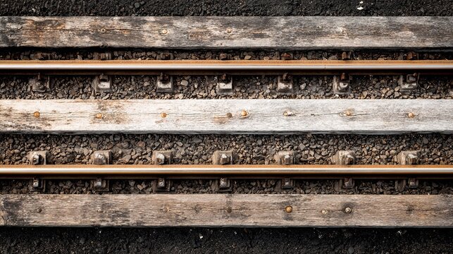 sleepers. Top-down view of parallel railway tracks and wooden sleepers creating geometric lines. mobility guides, transit brochures, designed for mobility and urban transit guides.