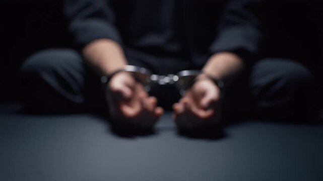 man with handcuffs, Cinematic dark art vector video of hands gripping iron bars, symbolizing justice