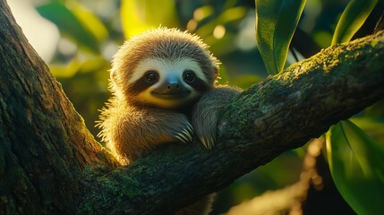 Obraz premium Adorable Baby Sloth Posing in a Lush Rainforest Canopy