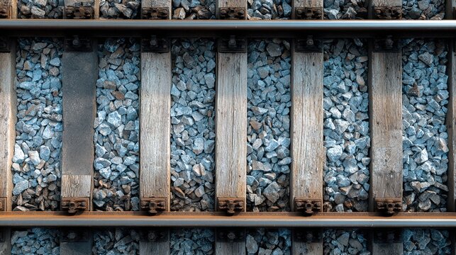 sleepers. Top-down view of parallel railway tracks and wooden sleepers creating geometric lines. mobility guides, transit brochures, designed for mobility and urban transit guides.