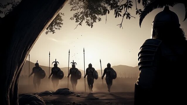 Silhouetted Warriors Marching into Battle Historical Epic Scene Sepia Tone