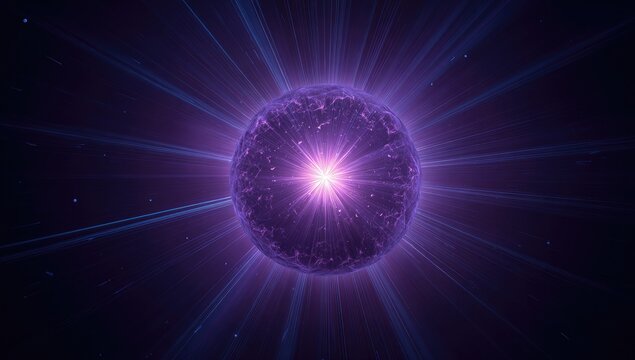 A glowing, spherical object emits bright light and energetic beams against a dark backdrop