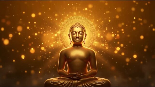 Serene golden mahavir figure sitting in padmasana, surrounded by a glowing aura for janma kalyanak.