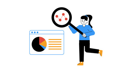 A woman using a magnifying glass to inspect a line chart next to a web interface with a pie chart