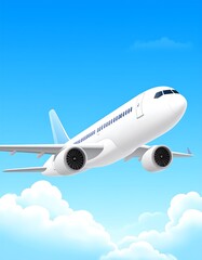 Fototapeta premium A white airplane ascends against a backdrop of cumulus clouds