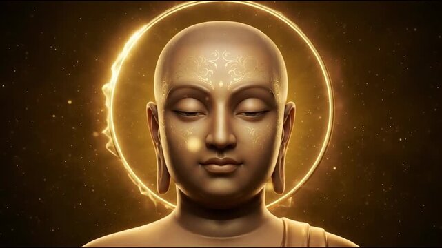 Golden digital illustration of mahavir tirthankara meditating serenely with a glowing halo for janma kalyanak.