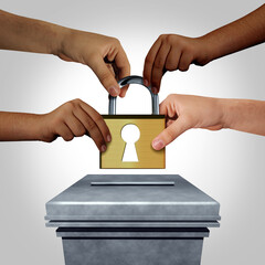Vote Integrity and Election security in the United States voter rights and American Elections Votes or US voting laws to protect ballots in a presidential campaign with voters holding a lock symbol.