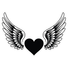 Fototapeta premium Black heart with feathered wings white symbol