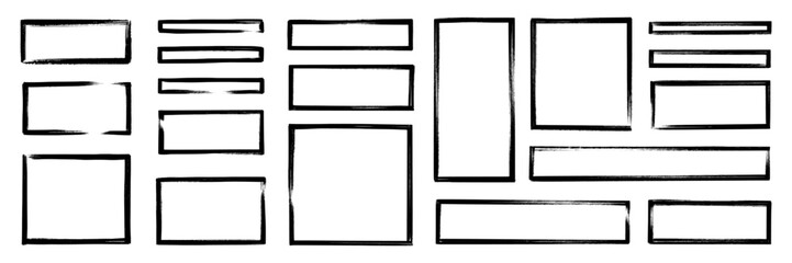 Frame brush rectangle set. Frame rectangle border brush stroke with chalk rough line and square shape. Hand drawn doodle pencil sketch outline on paper with vintage grunge texture. Vector illustration