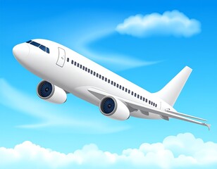 Obraz premium A white airplane flies through a blue sky with fluffy clouds