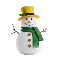 Cheerful snowman with yellow hat and green scarf isolated on transparent background