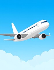 Obraz premium A white jet plane soaring through a vibrant blue sky with fluffy clouds