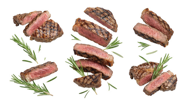 a dynamic arrangement of grilled steak slices and whole cuts, interspersed with fresh rosemary sprigs on a transparent background.