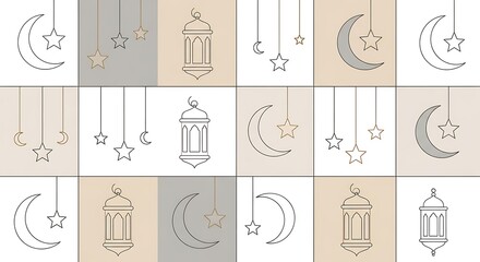 Islamic Symbols and Lanterns in Grid Pattern.