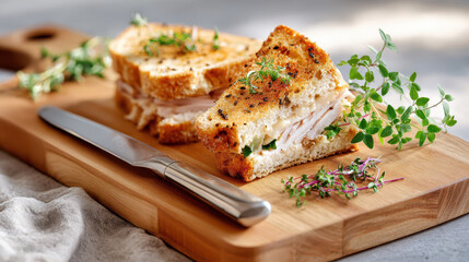 Freshly prepared turkey sandwich on toasted bread garnished with greens, served on a wooden cutting board