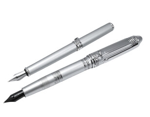 Two elegant silver fountain pens with intricate details