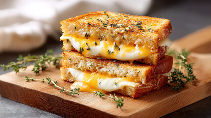 Crispy grilled cheese sandwich with melted cheese and fresh thyme on a wooden cutting board