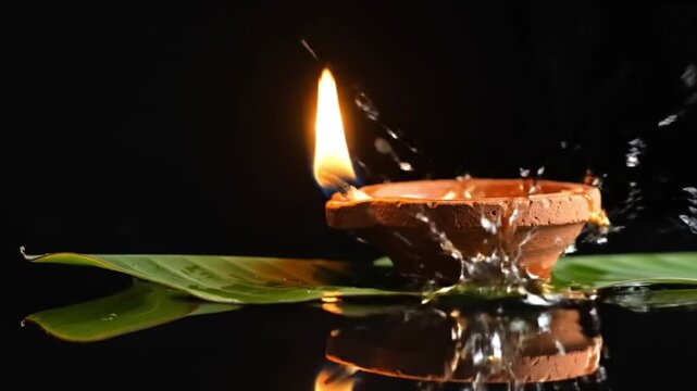 Cinematic Floating Oil Lamp on Water with Banana Leaf - Ritual Lighting Ceremony for Diwali