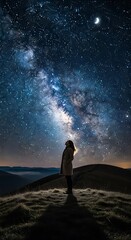 Fototapeta premium Silhouette gazes at the Milky Ways celestial beauty on a hilltop.