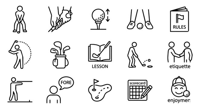 Golf instruction and etiquette line icon set with player, swing, and rules