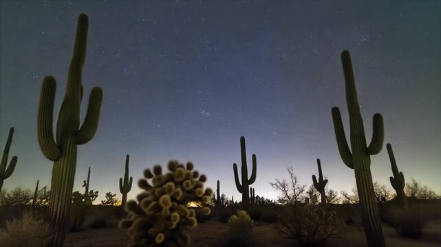Desert night sky saguaro cactus silhouette stars horizon serene wide desert landscape with cacti and shrubs conveying solitude
